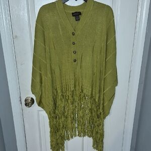 Patti LaBelle Sage Fringe V-Neck Knit Poncho